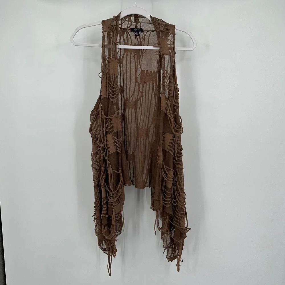 Womens Boho Shredded Mesh Open Front Vest Size M Festival Fairy Grunge Earthy